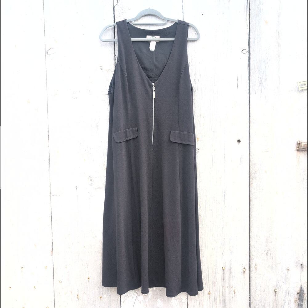 Vintage J. Jill Zipper Front Fit & Flare Black Midi Dress Women's Large